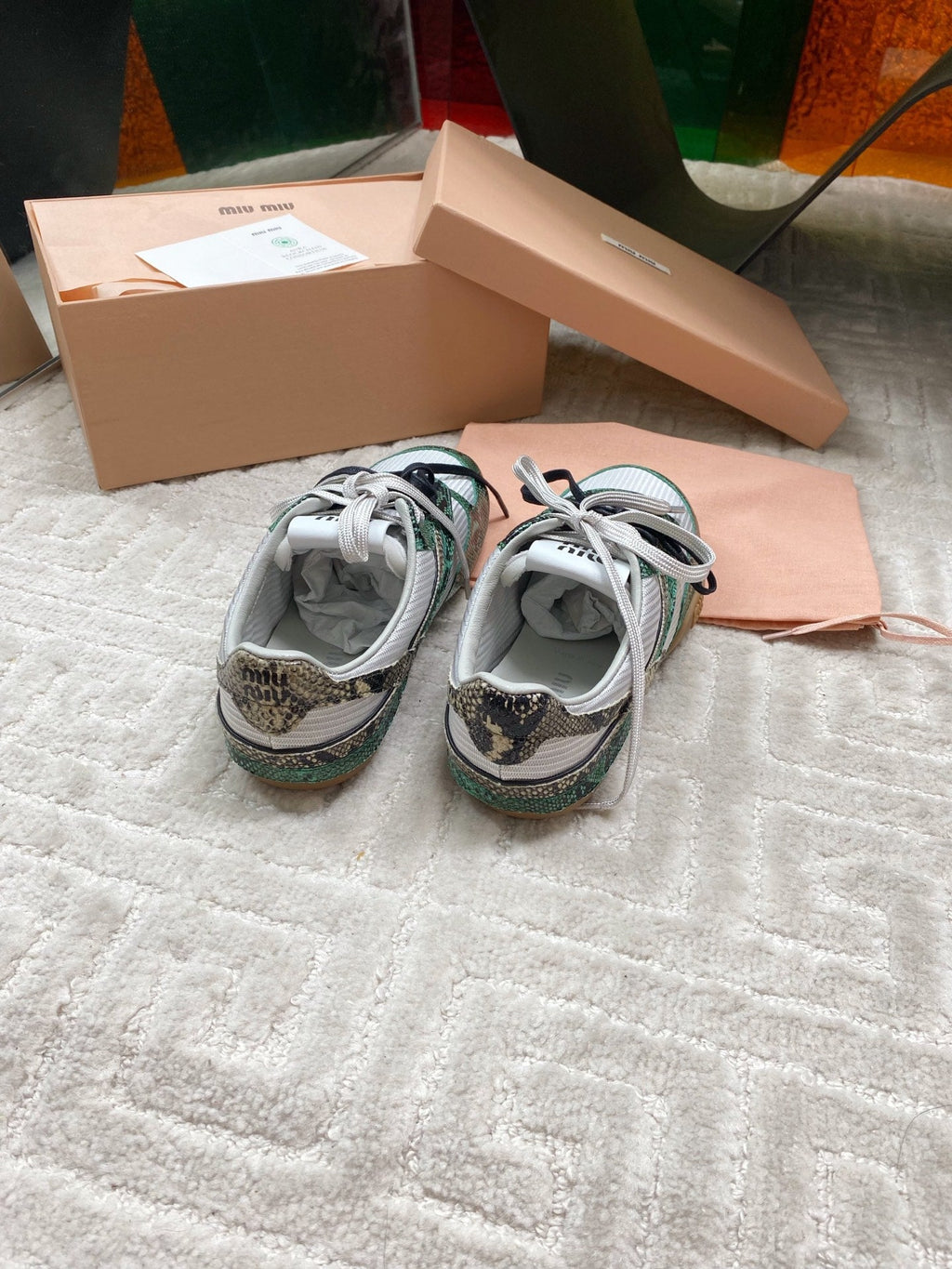 SNAKESKIN-LEATHER SNEAKERS IN GREEN MIX GREY CALFSKIN AND MESH