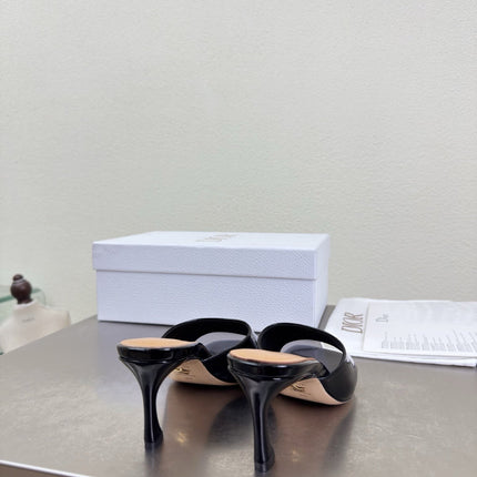 DIOR 26S KITTEN HEEL MULE SANDALS IN BLACK PATENT CALFSKIN WITH LOGO