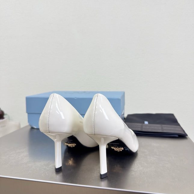 PRADA 26S POINTED TOE PUMPS 75MM IN WHITE PATENT CALFSKIN