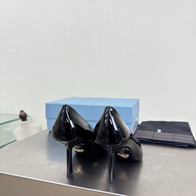 PRADA 26S POINTED TOE PUMPS 75MM IN BLACK PATENT CALFSKIN