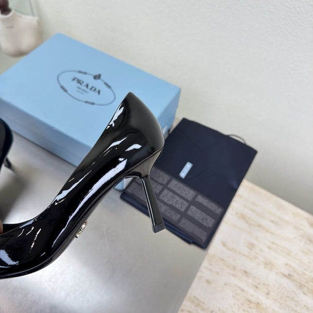 PRADA 26S POINTED TOE PUMPS 75MM IN BLACK PATENT CALFSKIN