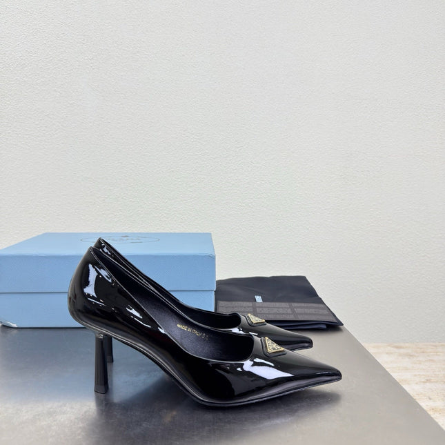 PRADA 26S POINTED TOE PUMPS 75MM IN BLACK PATENT CALFSKIN