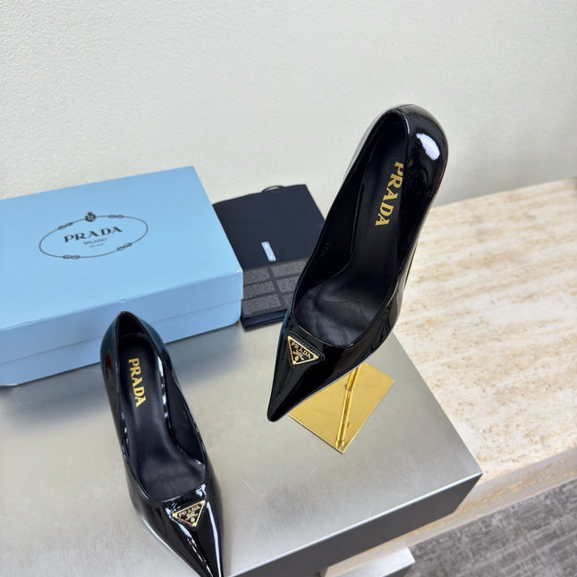 PRADA 26S POINTED TOE PUMPS 75MM IN BLACK PATENT CALFSKIN