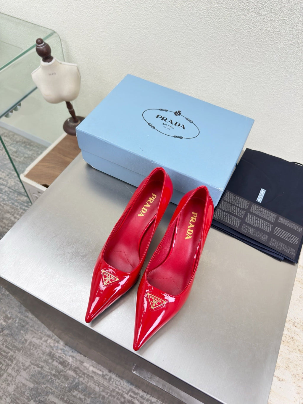 PRADA 26S POINTED TOE PUMPS 75MM IN RED PATENT CALFSKIN