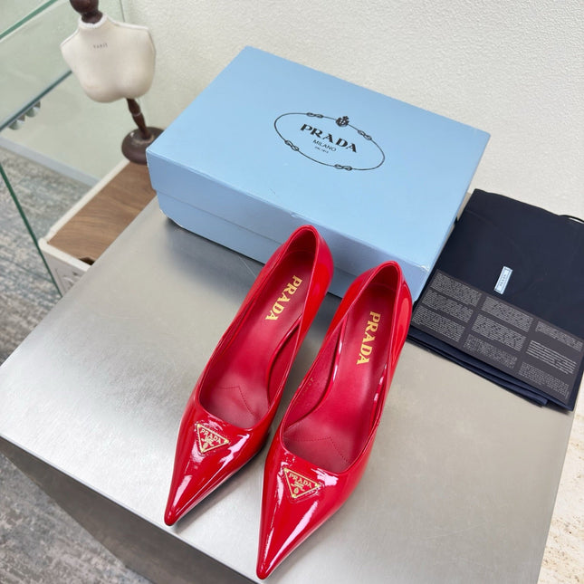 PRADA 26S POINTED TOE PUMPS 75MM IN RED PATENT CALFSKIN