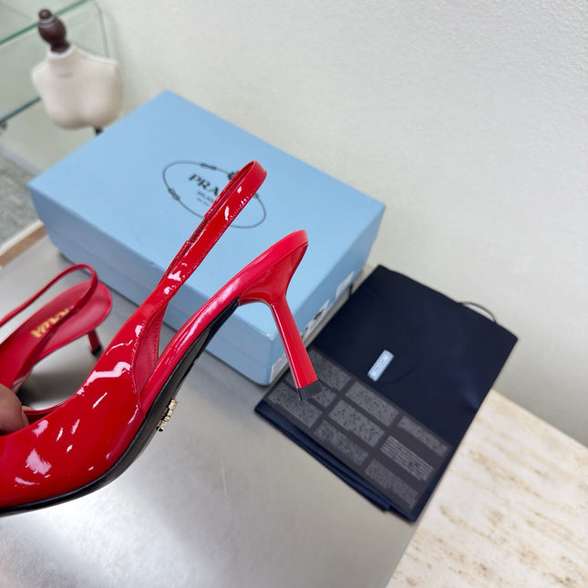 PRADA 26S SLINGBACK POINTED HEELS 75MM IN RED PATENT CALFSKIN