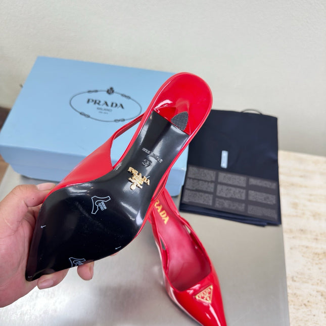 PRADA 26S SLINGBACK POINTED HEELS 75MM IN RED PATENT CALFSKIN