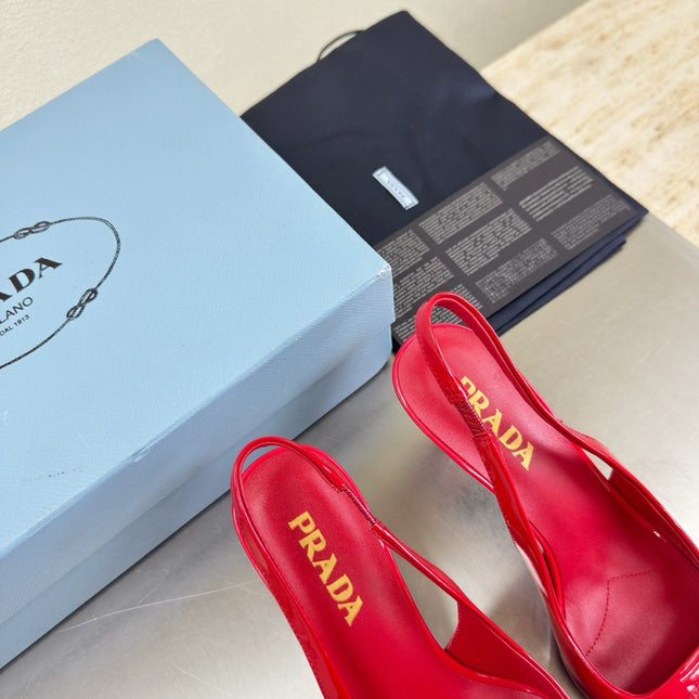 PRADA 26S SLINGBACK POINTED HEELS 75MM IN RED PATENT CALFSKIN