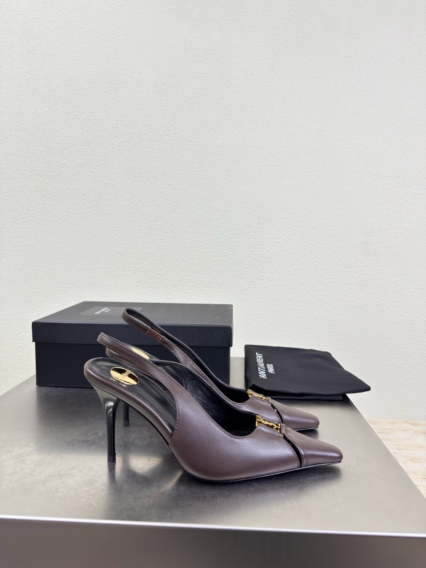 YSL 26S SLINGBACK HIGH HEELS 105 MM IN DARK BROWN CALFSKIN