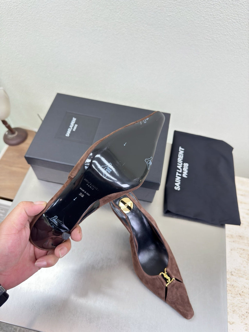YSL 26S SLINGBACK HIGH HEELS 105 MM IN DARK BROWN SUEDE