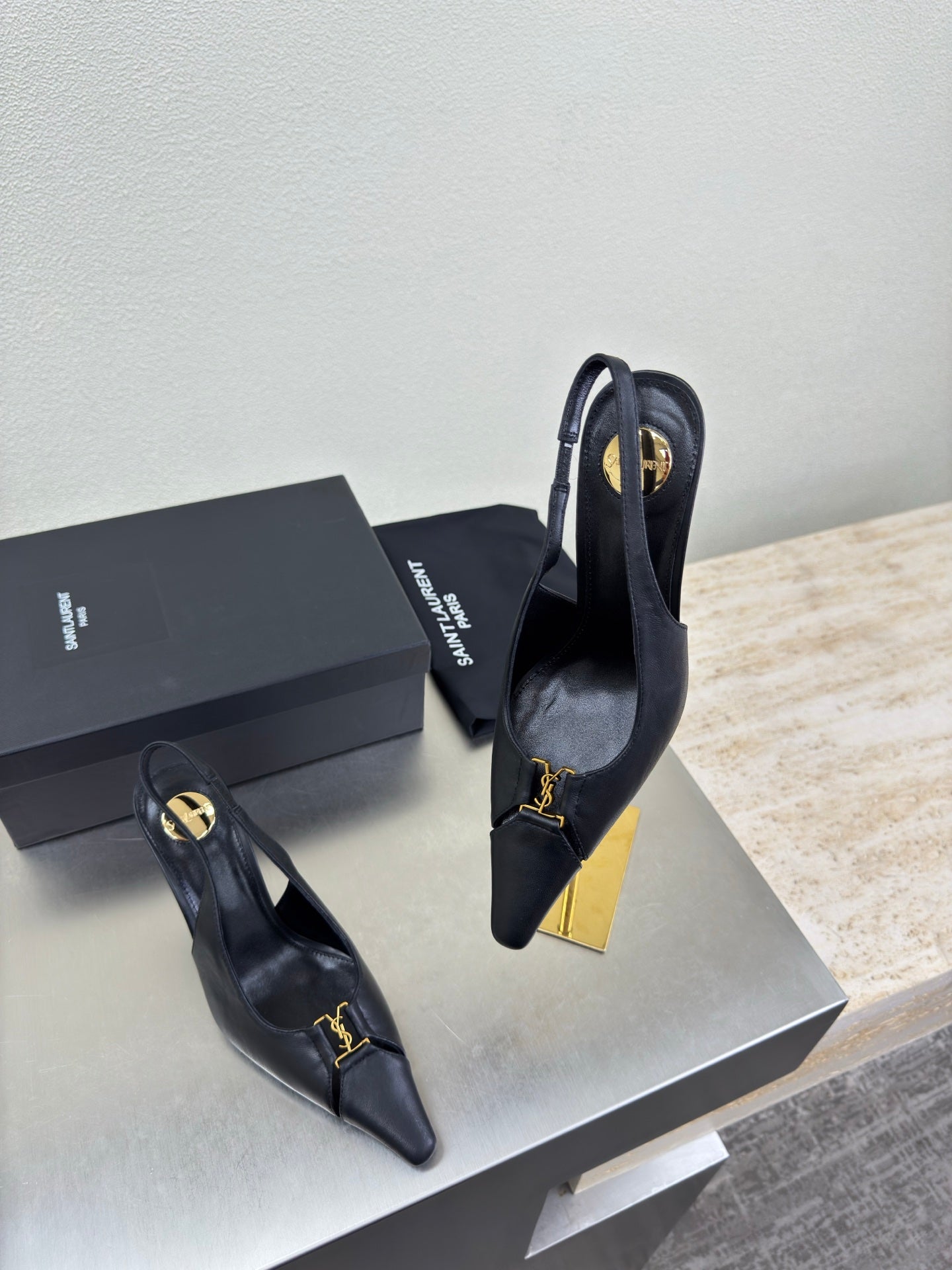 YSL 26S SLINGBACK HIGH HEELS 105 MM IN BLACK CALFSKIN