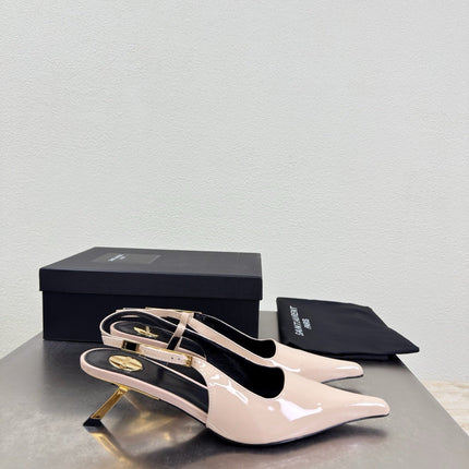 YSL 26S SLINGBACK HIGH HEELS 75 MM IN NUDE BEIGE GLOSSY CALFSKIN