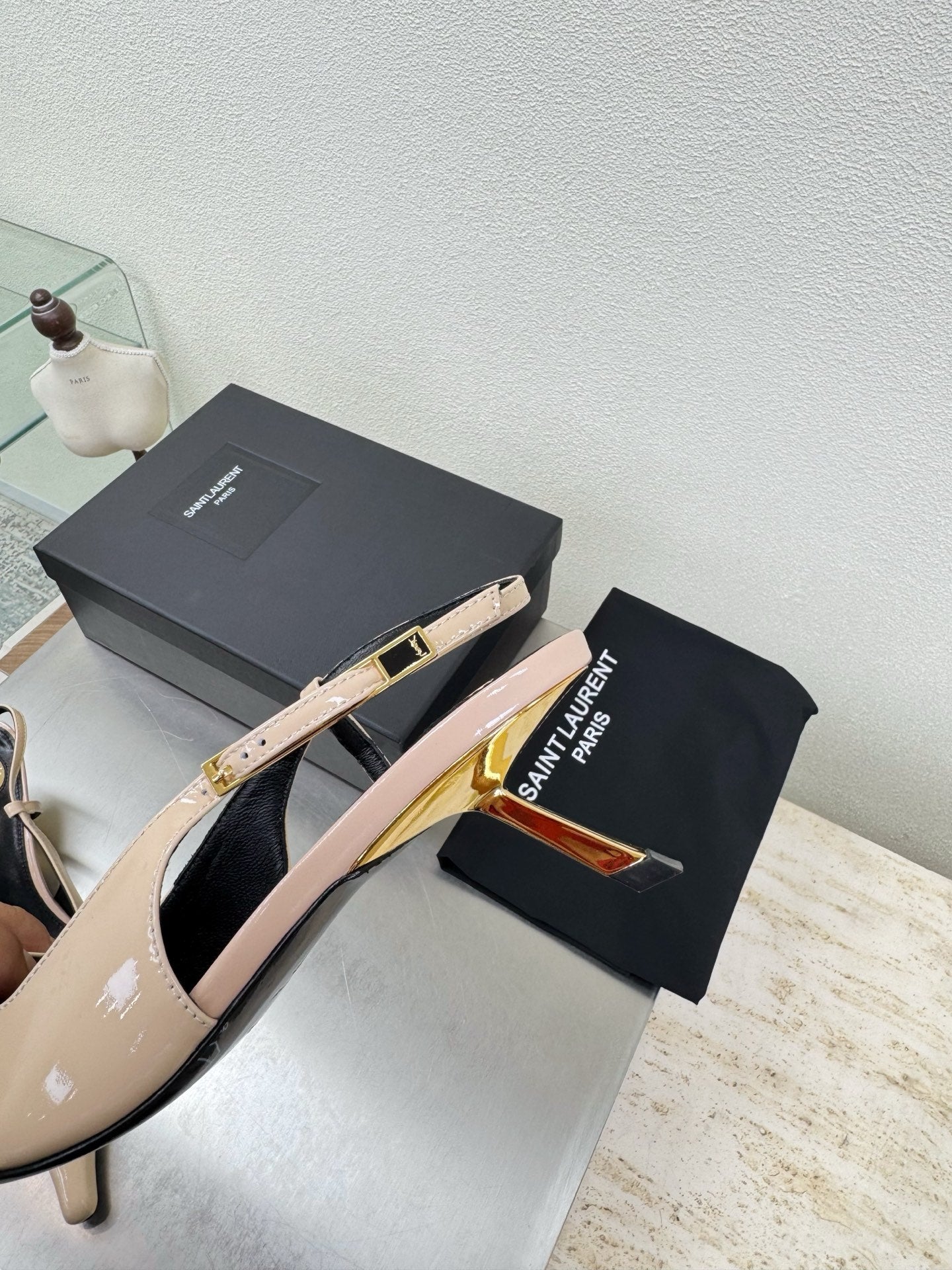 YSL 26S SLINGBACK HIGH HEELS 75 MM IN NUDE BEIGE GLOSSY CALFSKIN