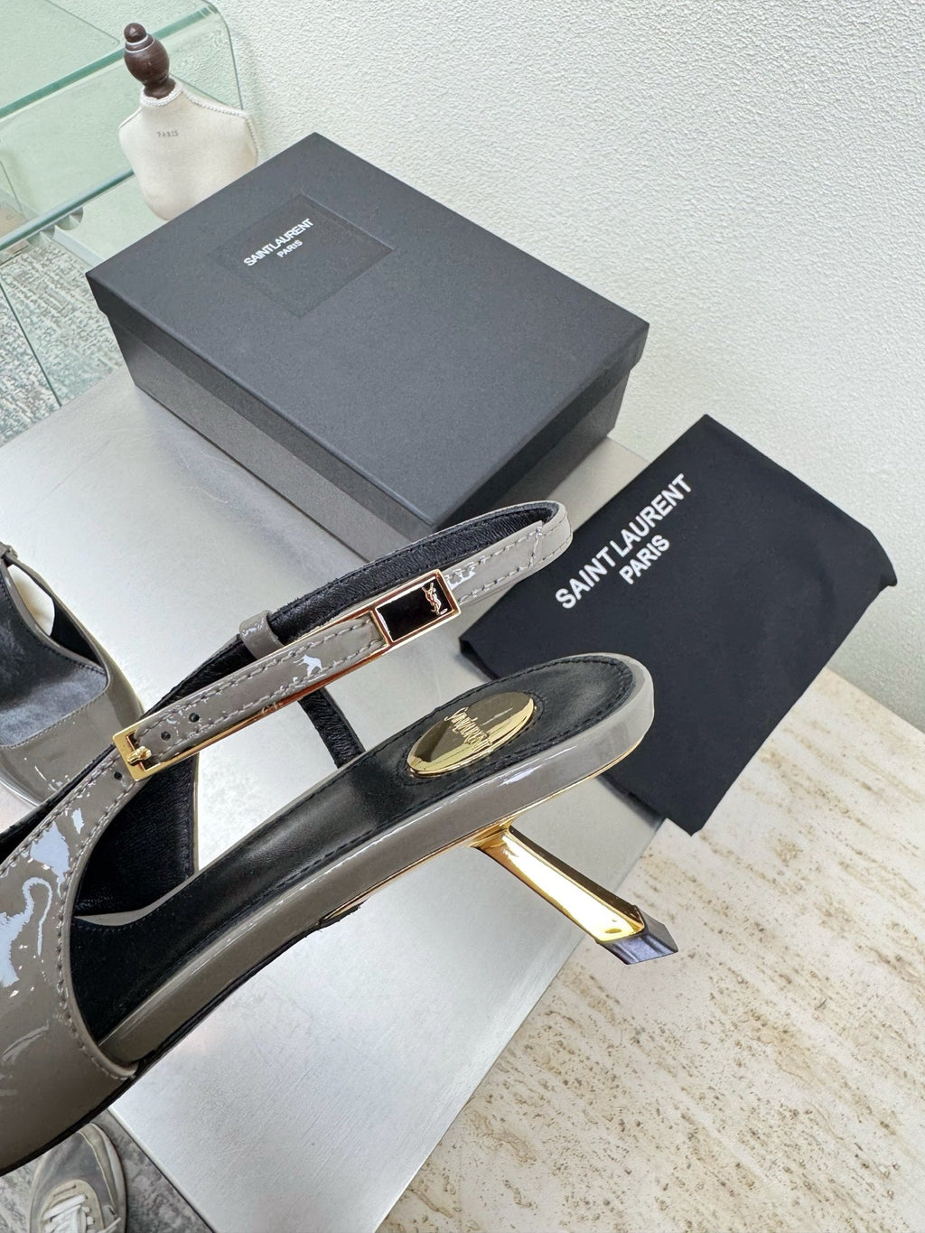 YSL 26S SLINGBACK HIGH HEELS 75 MM IN GREY GLOSSY CALFSKIN