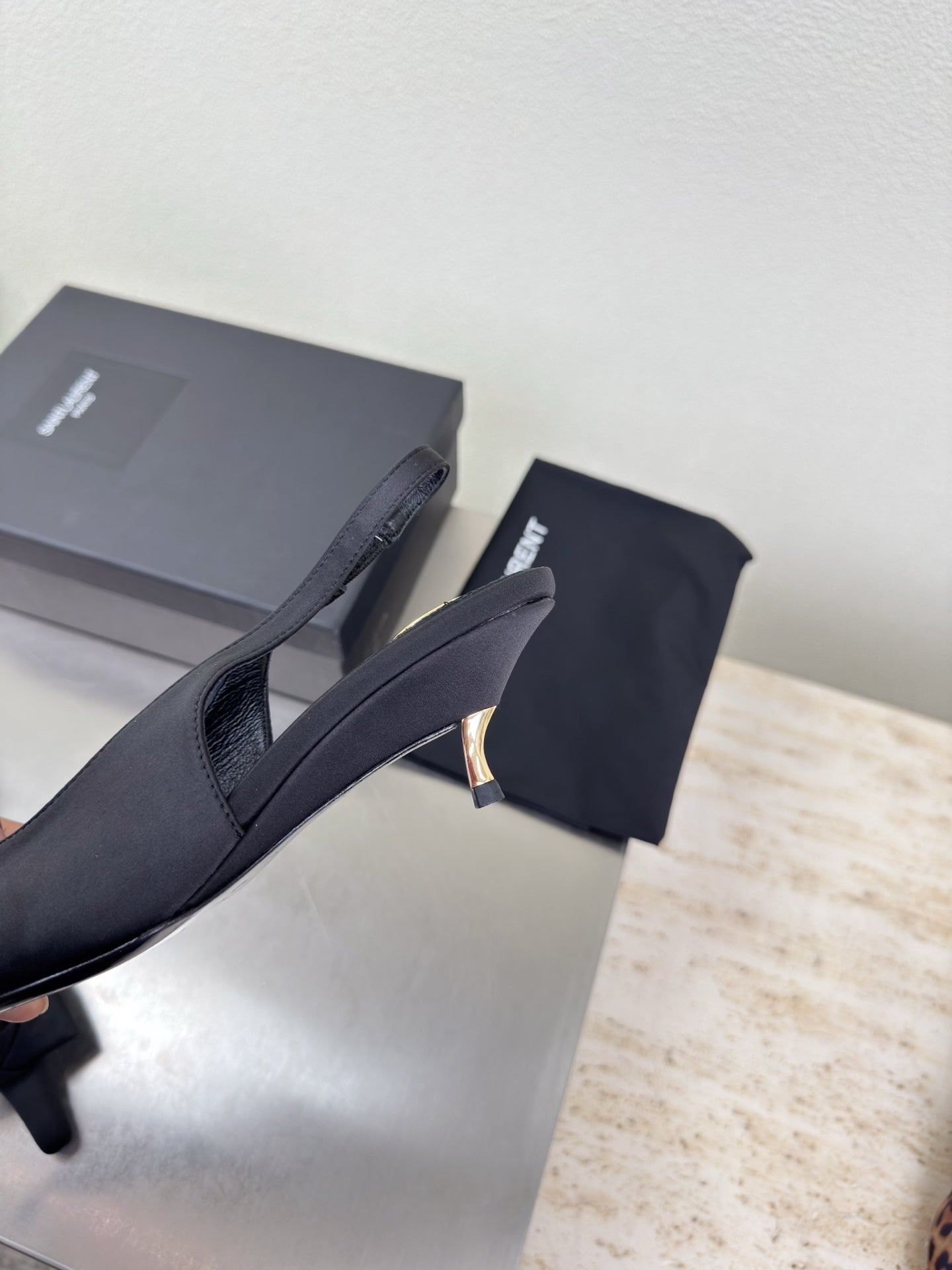 YSL 26S SLINGBACK HIGH HEELS 55 MM IN BLACK SATIN