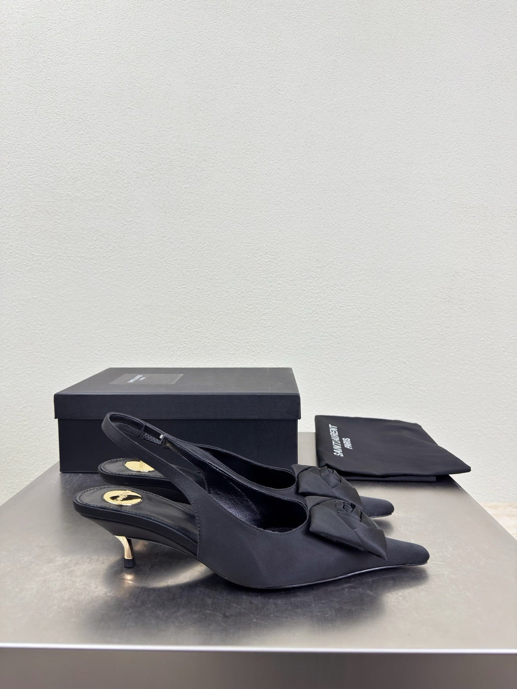 YSL 26S SLINGBACK HIGH HEELS 55 MM IN BLACK SATIN