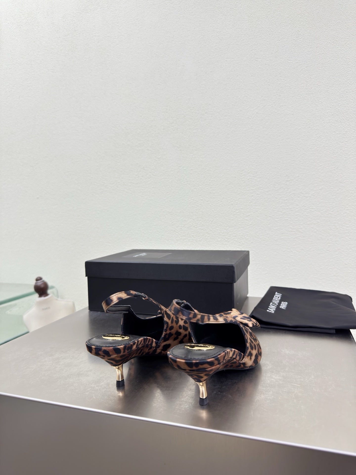 YSL 26S SLINGBACK HIGH HEELS 55 MM IN LEOPARD PRINT SATIN