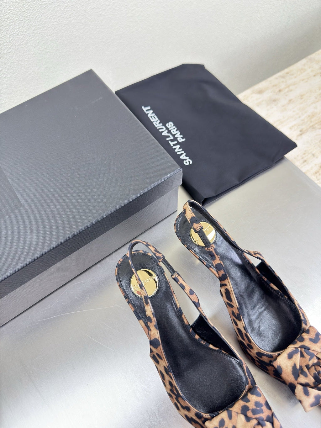 YSL 26S SLINGBACK HIGH HEELS 55 MM IN LEOPARD PRINT SATIN