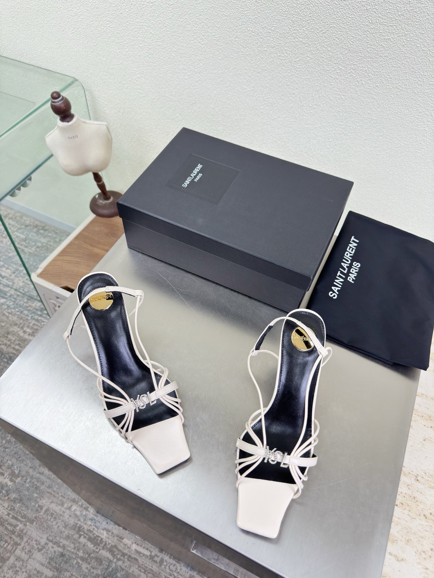 YSL 26S HIGH HEEL SANDALS 85 MM IN CREAM WHITE CALFSKIN WITH RHINESTONE LOGO