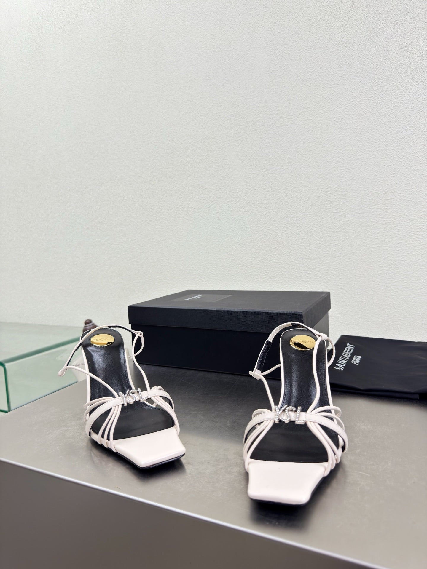 YSL 26S HIGH HEEL SANDALS 85 MM IN CREAM WHITE CALFSKIN WITH RHINESTONE LOGO