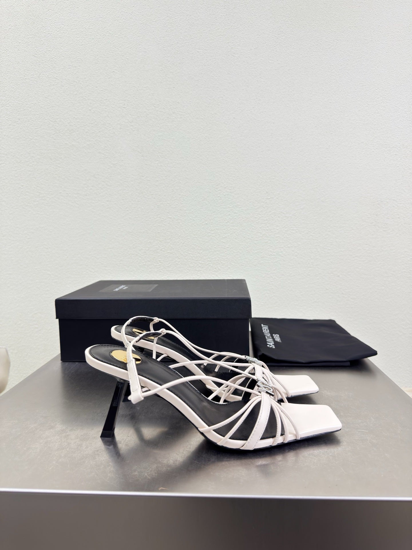 YSL 26S HIGH HEEL SANDALS 85 MM IN CREAM WHITE CALFSKIN WITH RHINESTONE LOGO