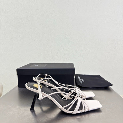 YSL 26S HIGH HEEL SANDALS 85 MM IN CREAM WHITE CALFSKIN WITH RHINESTONE LOGO