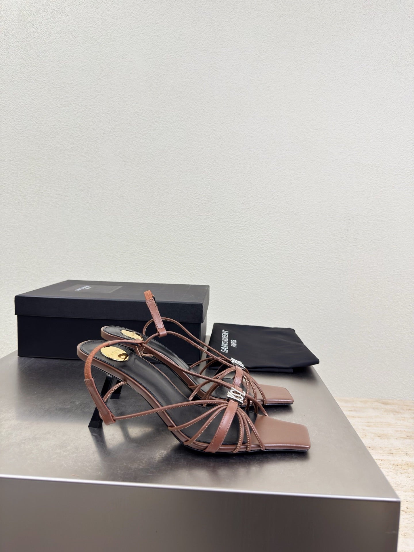 YSL 26S HIGH HEEL SANDALS 85 MM IN BROWN CALFSKIN WITH RHINESTONE LOGO