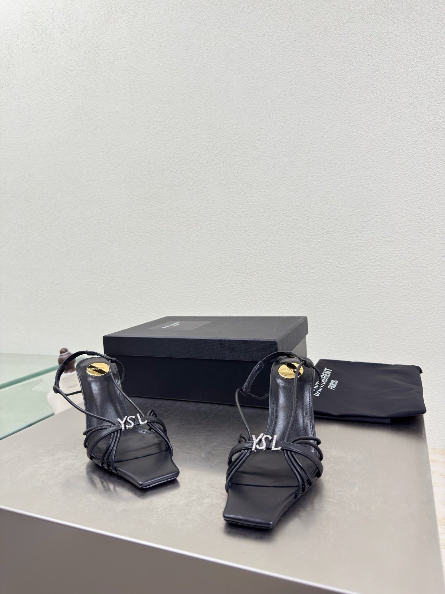 YSL 26S HIGH HEEL SANDALS 85 MM IN BLACK CALFSKIN WITH RHINESTONE LOGO