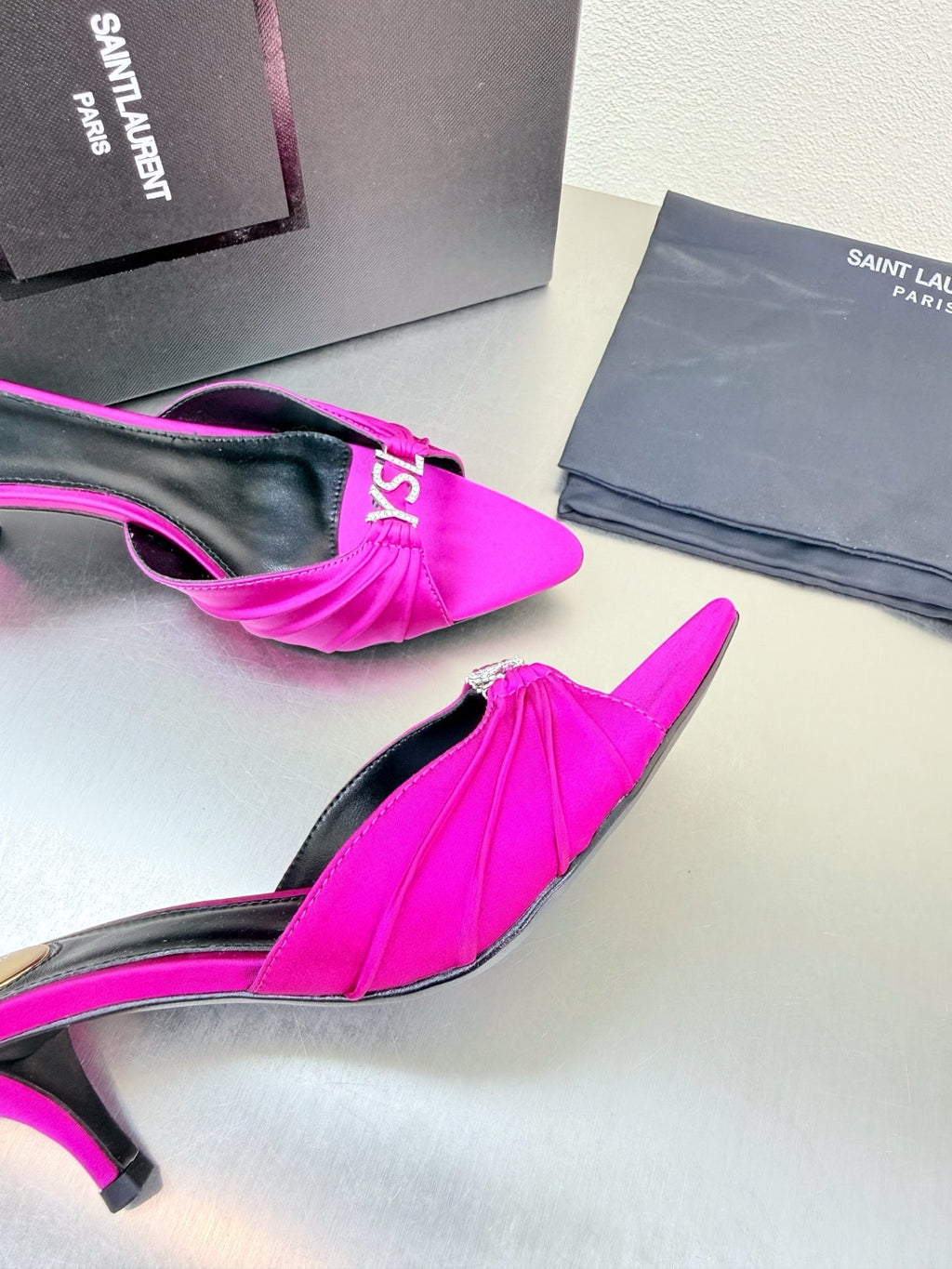 YSL 26S HIGH HEEL SANDALS 65 MM IN DARK PINK FABRIC