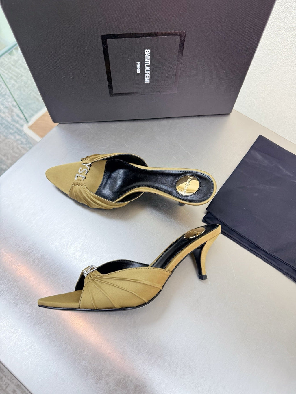 YSL 26S HIGH HEEL SANDALS 65 MM IN LIGHT OLIVE GREEN FABRIC