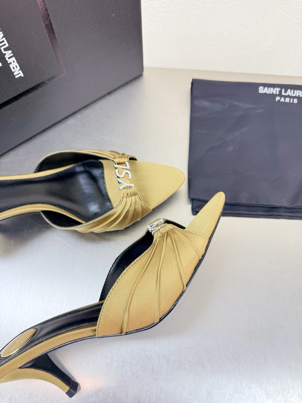 YSL 26S HIGH HEEL SANDALS 65 MM IN LIGHT OLIVE GREEN FABRIC