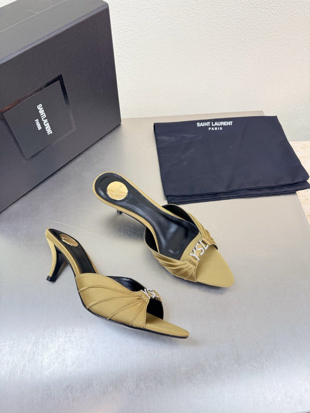 YSL 26S HIGH HEEL SANDALS 65 MM IN LIGHT OLIVE GREEN FABRIC