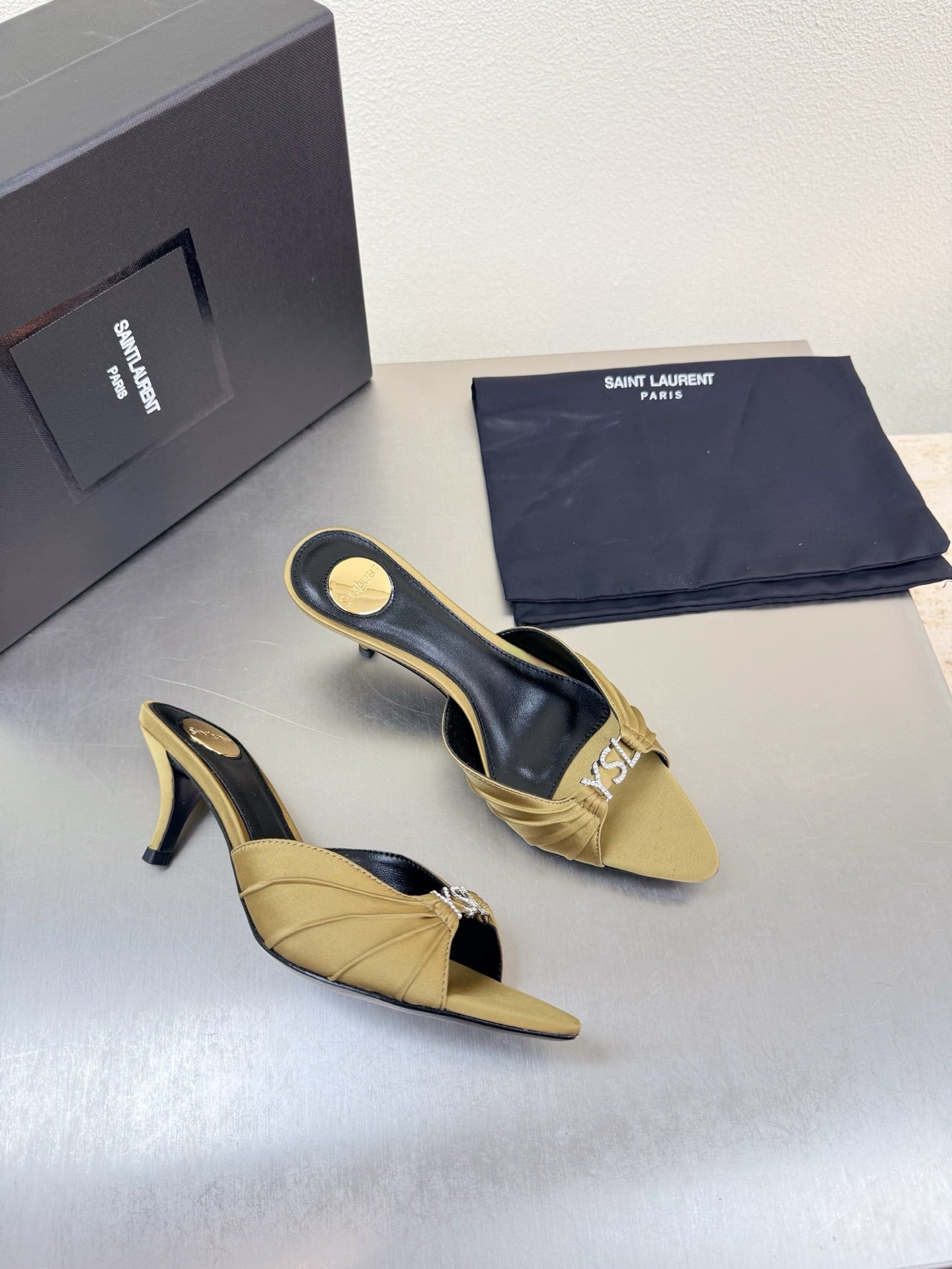 YSL 26S HIGH HEEL SANDALS 65 MM IN LIGHT OLIVE GREEN FABRIC