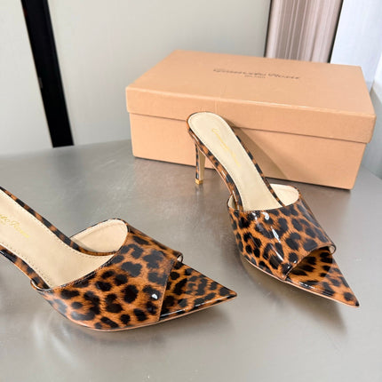 GIANVITO ROSSI 26S POINTED-TOE SANDALS 90 MM IN BLACK AND BROWN LEOPARD PRINT LEATHER 