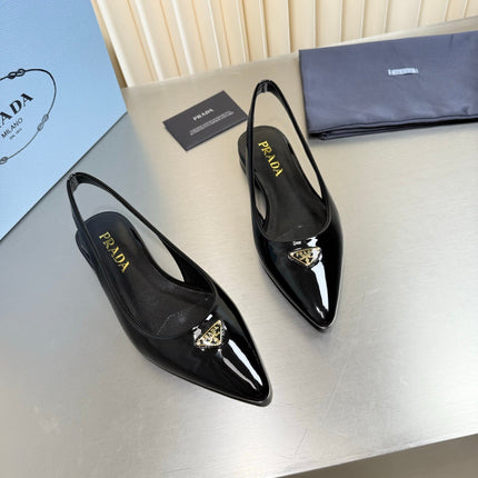 PRADA 26S SLINGBACK FLATS IN BLACK PATENT CALFSKIN WITH GOLD HARDWARE