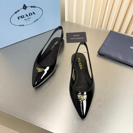 PRADA 26S SLINGBACK FLATS IN BLACK PATENT CALFSKIN WITH GOLD HARDWARE