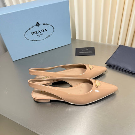 PRADA 26S SLINGBACK FLATS IN BEIGE PATENT CALFSKIN WITH GOLD HARDWARE