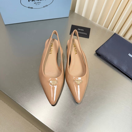 PRADA 26S SLINGBACK FLATS IN BEIGE PATENT CALFSKIN WITH GOLD HARDWARE