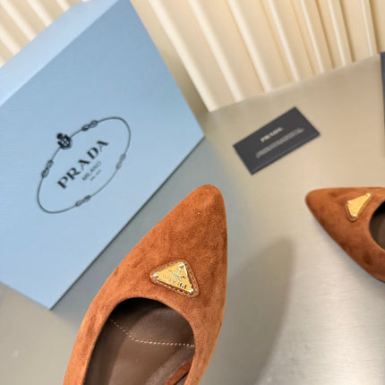 PRADA 26S SLINGBACK FLATS IN COGNAC BROWN SUEDE WITH GOLD HARDWARE