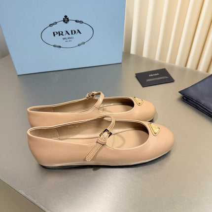 PRADA 26S MARY JANE FLATS IN BEIGE CALFSKIN