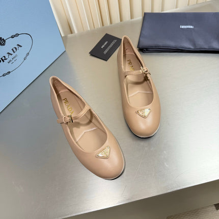PRADA 26S MARY JANE FLATS IN BEIGE CALFSKIN