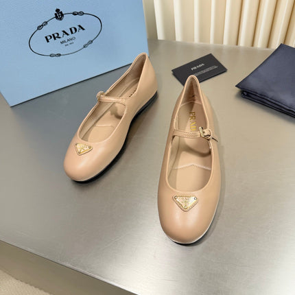 PRADA 26S MARY JANE FLATS IN BEIGE CALFSKIN