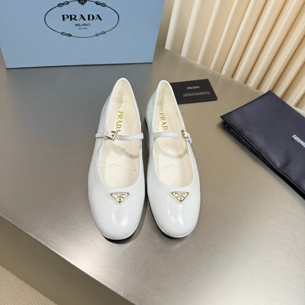 PRADA 26S MARY JANE FLATS IN WHITE CALFSKIN
