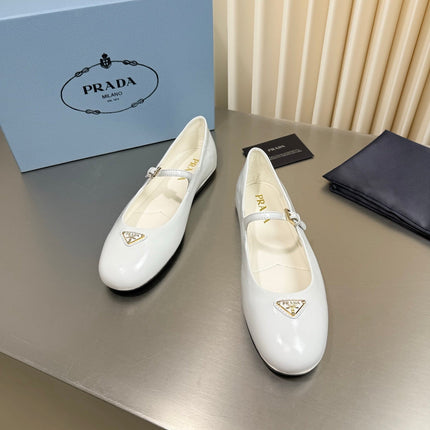 PRADA 26S MARY JANE FLATS IN WHITE CALFSKIN