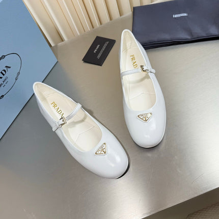 PRADA 26S MARY JANE FLATS IN WHITE CALFSKIN