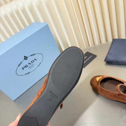 PRADA 26S MARY JANE FLATS IN COGNAC BROWN SUEDE