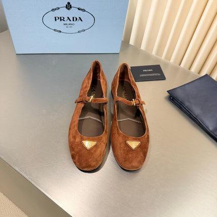 PRADA 26S MARY JANE FLATS IN COGNAC BROWN SUEDE
