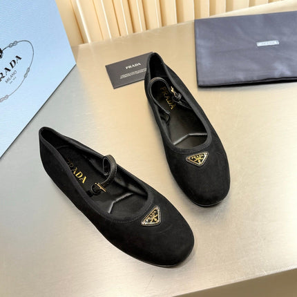 PRADA 26S MARY JANE FLATS IN BLACK SUEDE