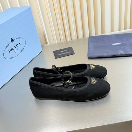 PRADA 26S MARY JANE FLATS IN BLACK SUEDE