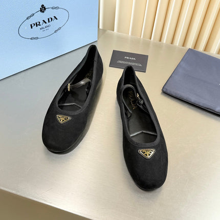 PRADA 26S MARY JANE FLATS IN BLACK SUEDE